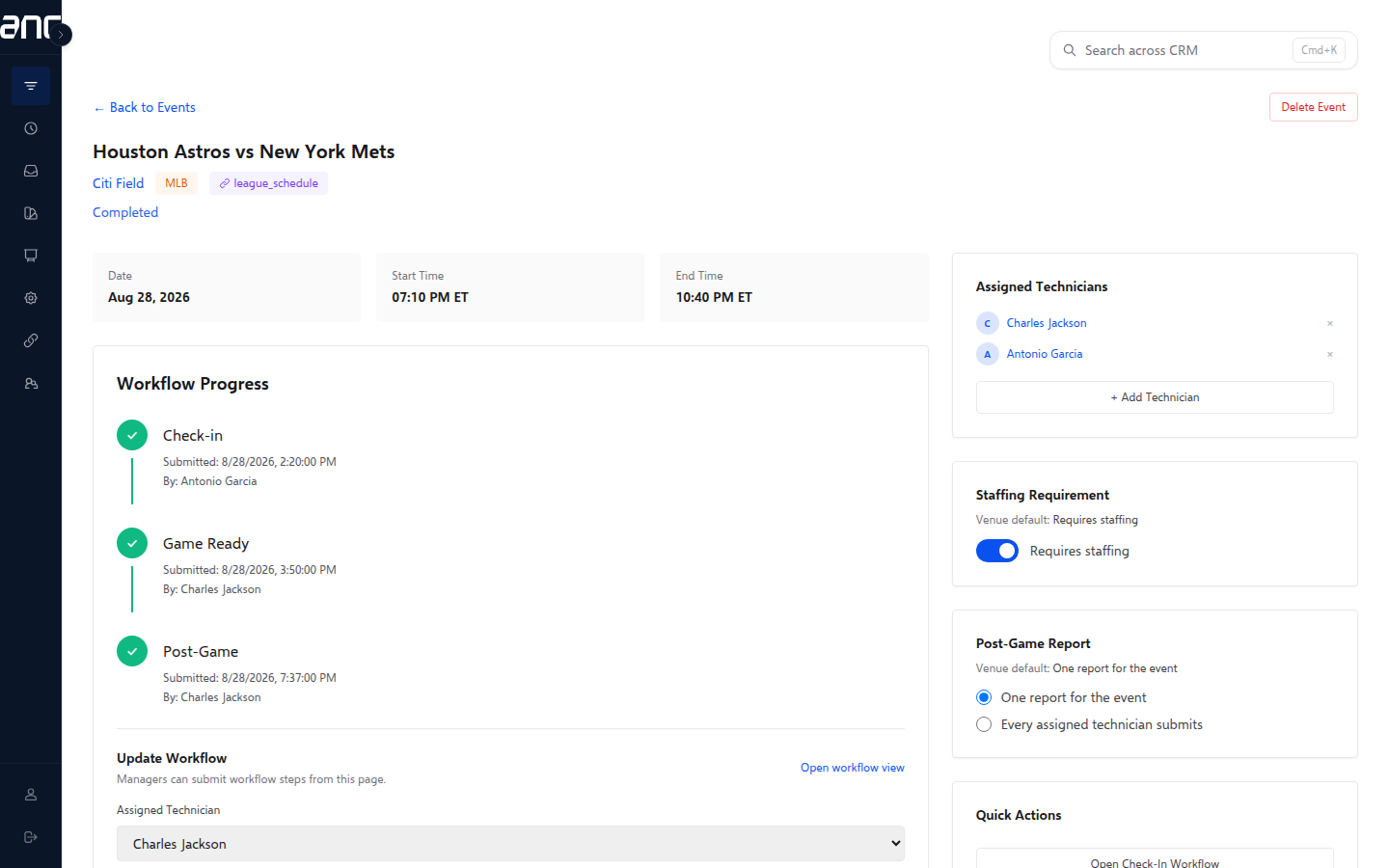 Workflow progress showing check-in, game ready and post-game submissions